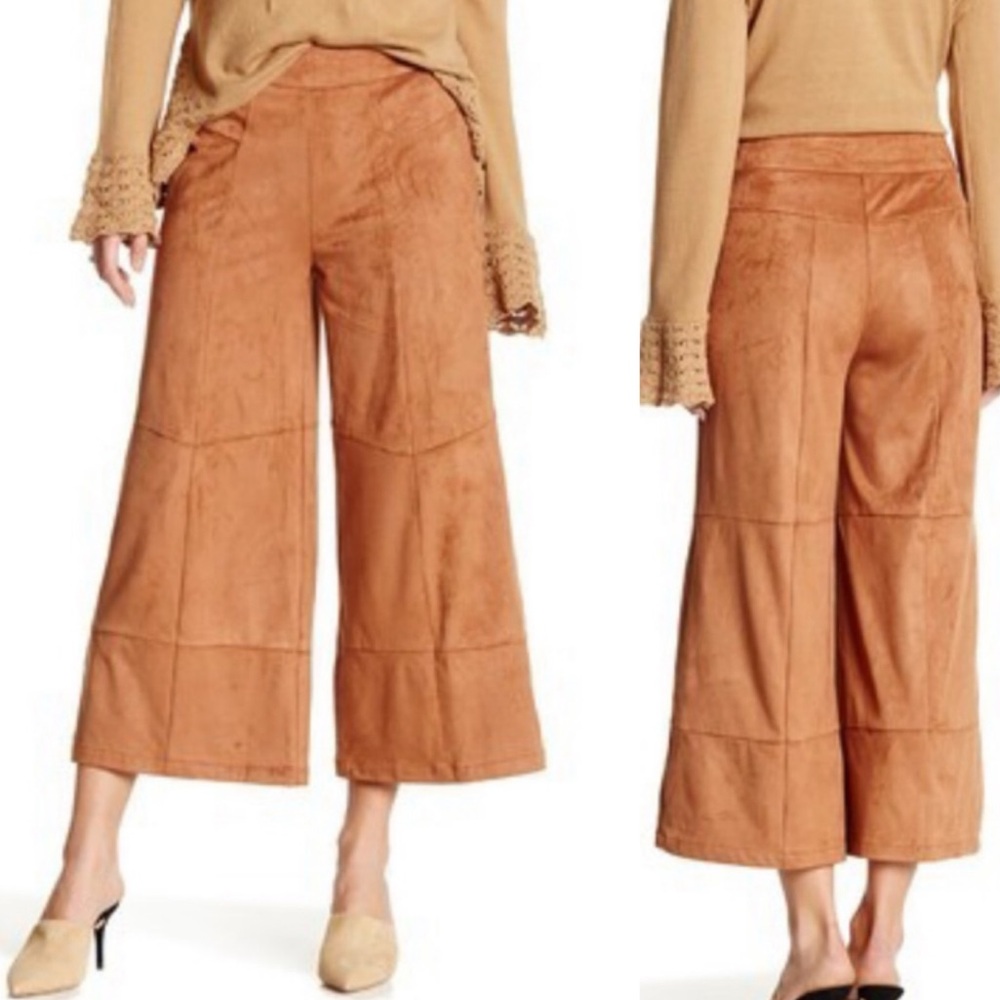 PLUS Nanette Lepore NEW Caramel Faux Suede Cropped Nubuck‎ Wide Leg Pant Size 14